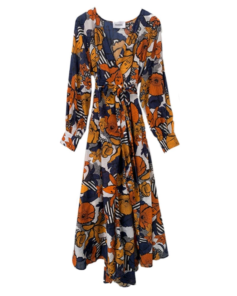 Front of a size 3 The Marigold Wrap Dress in Marigold Print by BAACAL. | dia_product_style_image_id:303759